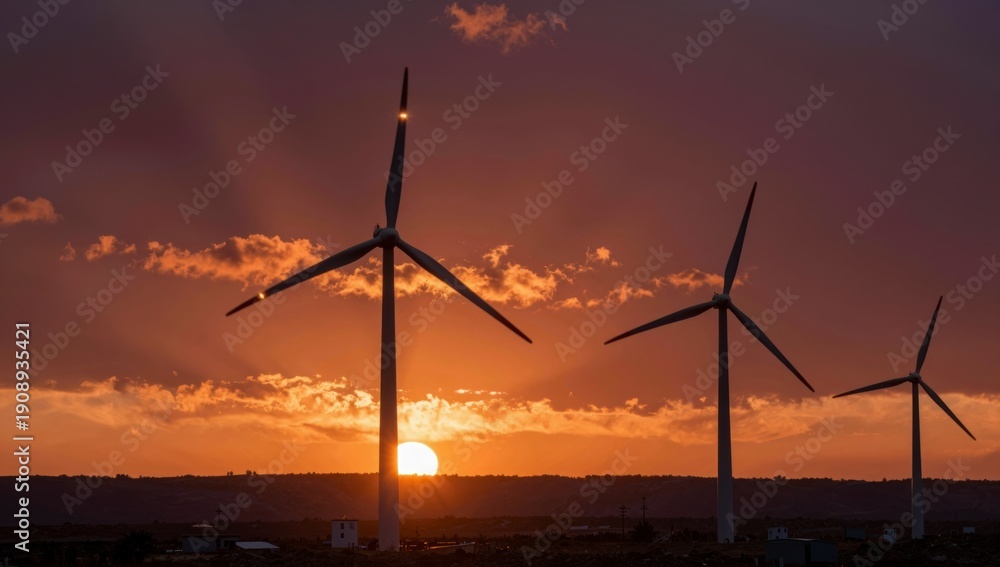 Obraz premium Silhouettes of wind turbines against a dramatic sunset sky with sun rays