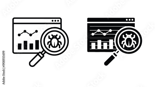 Bug icon vector illustration with magnifying glass and browser window