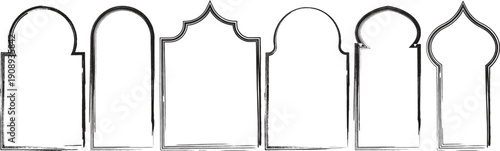 Hand drawn Islamic Ramadan arch frames set with artistic black brush stroke