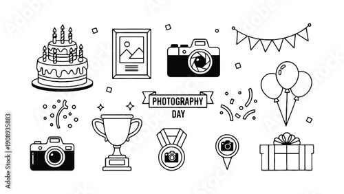 Celebration icons for photography day with cameras, cake, trophy, and balloons