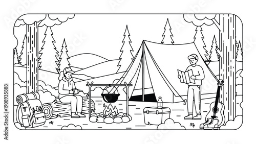 Camping vector illustration of two friends in a serene forest setting
