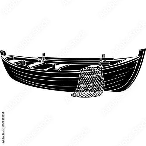 Black and White Fishing Boat Vector Illustration