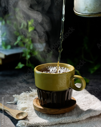 Steaming hot beverage in ceramic cup with water drops, rustic cozy kitchen scene. cozy warm drink lifestyle concept