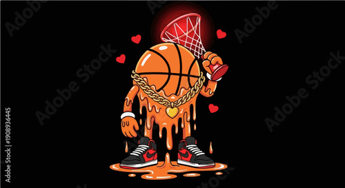 Melting Basketball Mascot Character with Gold Chain Sneakers and Hearts - Urban Streetwear Style Sports Illustration