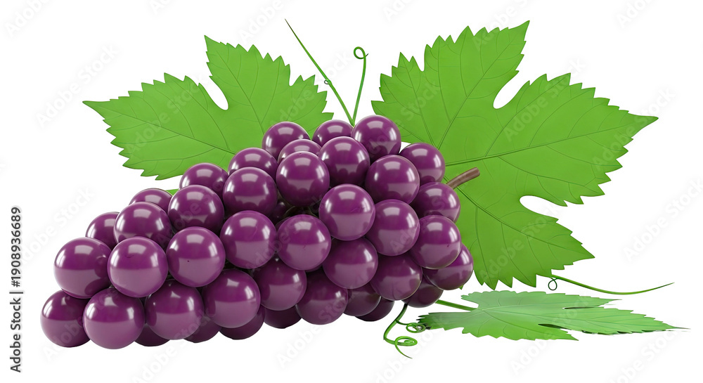 Fototapeta premium Realistic 3D render of a bunch of purple grapes with green leaves