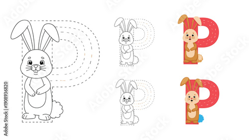 Letter p educational worksheet featuring cute rabbit character and tracing activities for kindergarten students.