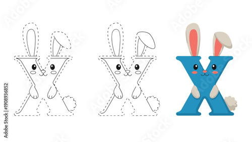 Creative alphabet worksheet with letter x as bunny character including tracing exercises and color illustration.