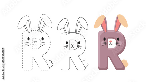 Alphabet learning page for letter r featuring cute bunny face character with tracing and coloring for preschoolers.
