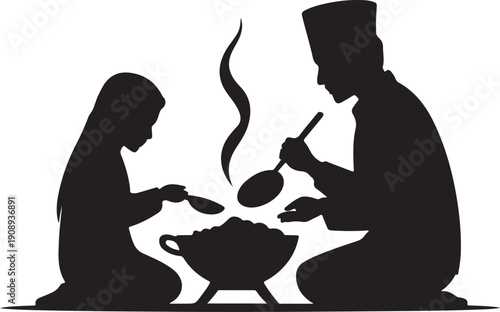 Black silhouette of a man and woman cooking together