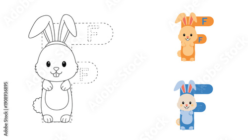 Fun letter f worksheet for preschoolers featuring a cute bunny character with tracing and colorful illustrations.