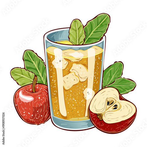 Apple cider with mint garnish served with fresh red and green apples for healthy refreshment - Vector Illustration