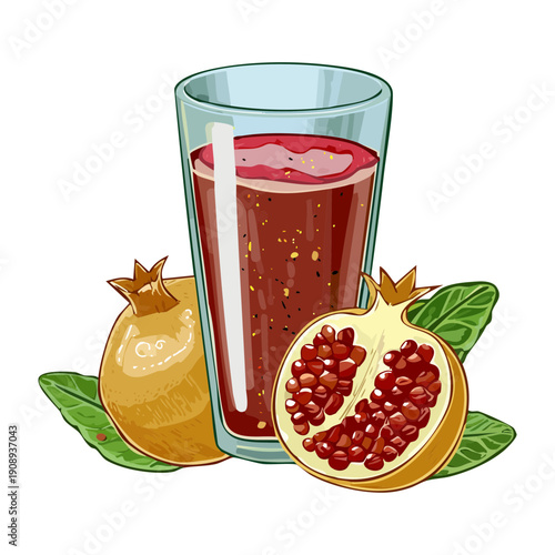 Tall glass of pomegranate juice with whole fruit and mint leaves for a vitamin rich drink - Vector Illustration