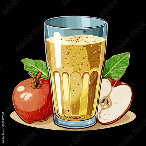 Sparkling apple cider in a glass with fresh apples and leaves for a crisp autumn drink - Vector Illustration
