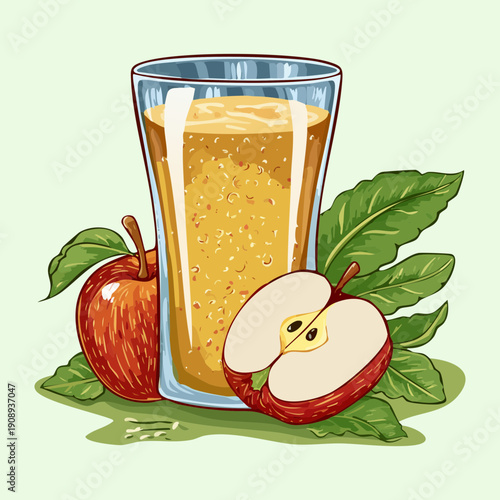 Healthy apple juice in a tall glass with fresh red and green apples for morning nutrition - Vector Illustration