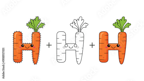Learning letter h alphabet activity with carrot characters including tracing path and colorful food illustrations.