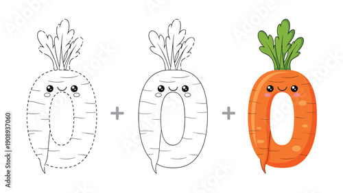 Educational alphabet worksheet for letter o featuring a cute carrot character with tracing and coloring exercises.