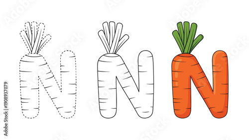 Fun letter n alphabet worksheet for kids with carrot character design featuring tracing path and color examples.