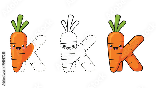 Educational activity page for letter k as carrot characters with tracing path and cute colorful illustrations.