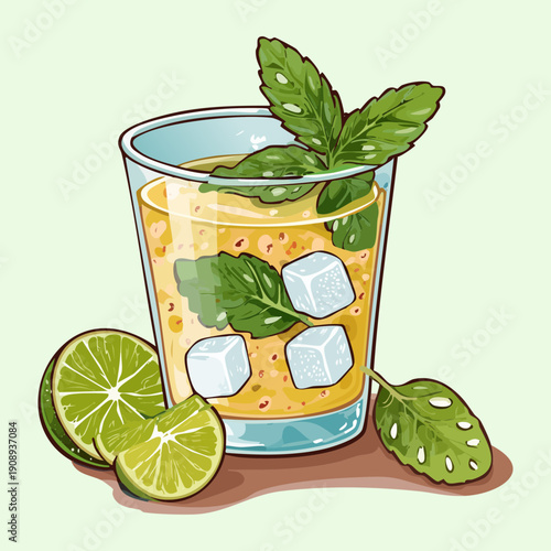 Lime mojito with fresh mint leaves and ice cubes in a tall glass for tropical refreshment - Vector Illustration