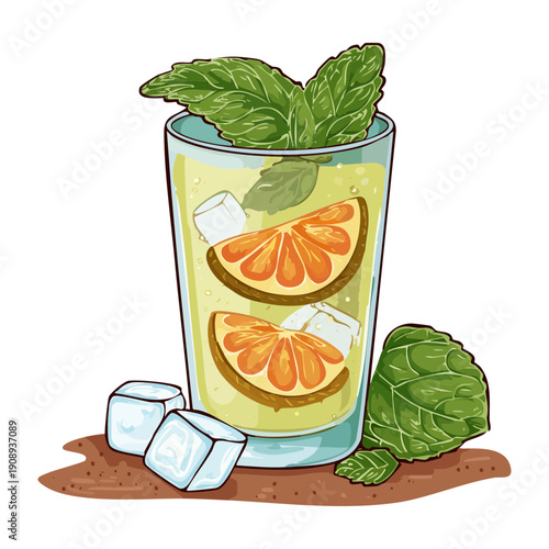 Refreshing orange juice with ice cubes and mint leaves in a tall glass for summer energy - Vector Illustration