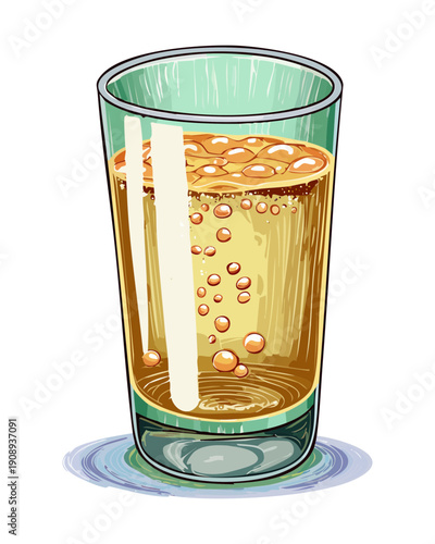 Fizzy gold soda drink with bubbles served in a tall glass for a refreshing party beverage - Vector Illustration