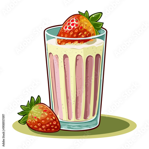 Tall glass of strawberry smoothie with creamy topping and fresh mint leaf for healthy morning snack - Vector Illustration