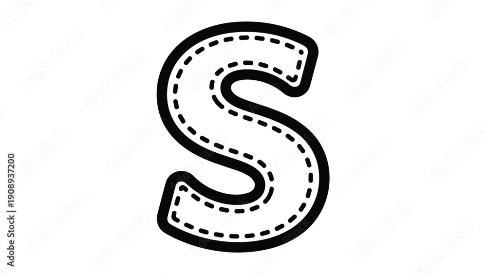 Fototapeta premium Letter s illustration with a dashed line stitched border on a solid black font for educational and creative use.