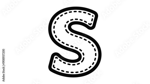 Letter s illustration with a dashed line stitched border on a solid black font for educational and creative use.