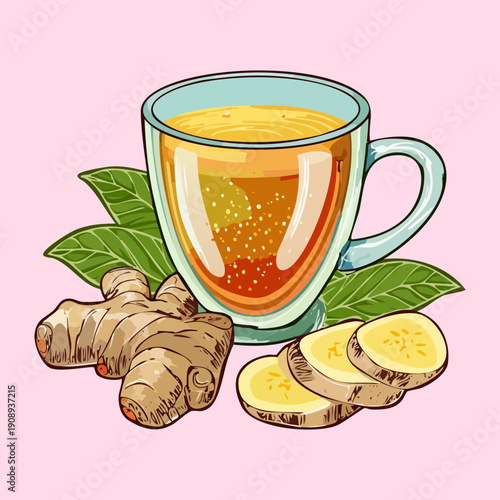 Glass of orange herbal tea with fresh ginger slices and mint leaf garnish - Vector Illustration