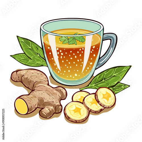 Glass of herbal ginger tea with lemon slices and fresh mint leaf decorations - Vector Illustration