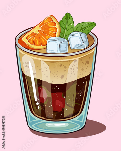 Layered coffee drink in glass with ice cubes orange slice and mint leaf accents - Vector Illustration