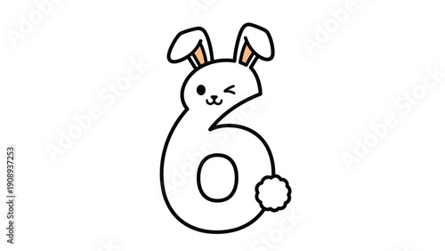 Cute number six character shaped like a winking white rabbit with pink ears and a fluffy tail for young children.