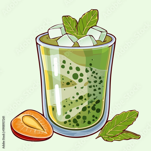 Refreshing iced matcha green tea glass with cooling ice cubes and mint leaf garnish - Vector Illustration