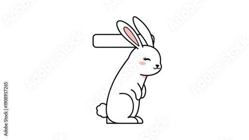White rabbit character creatively designed in the shape of number seven features a winking eye and pink cheeks on white background.