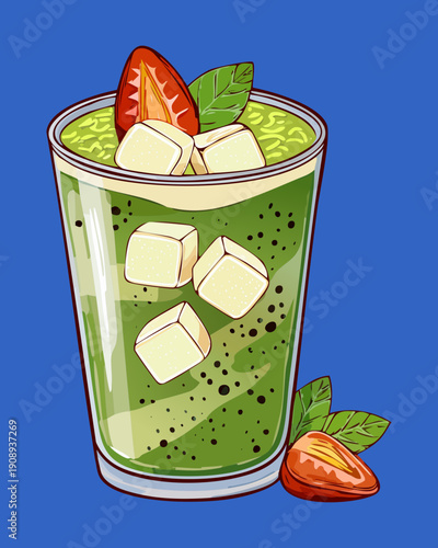 Iced green tea matcha glass with ice cubes and fresh strawberry and mint garnish - Vector Illustration
