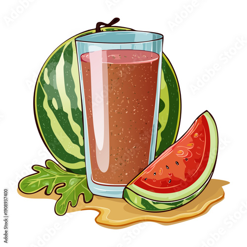 Tall glass of watermelon smoothie with fruit slices and fresh green leaf garnish accents - Vector Illustration