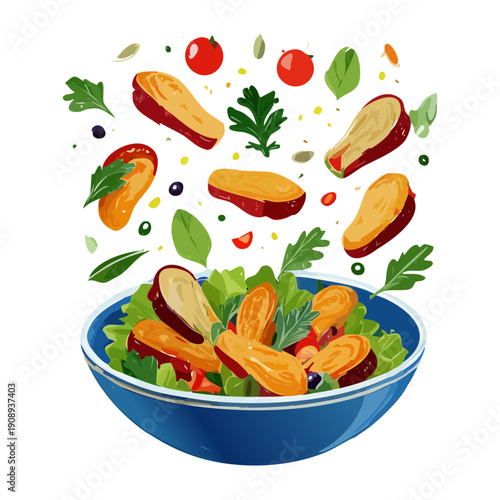 Wallpaper Mural Healthy salad bowl with flying chicken pieces tomato and greens in a vibrant artistic composition - Vector Illustration Torontodigital.ca