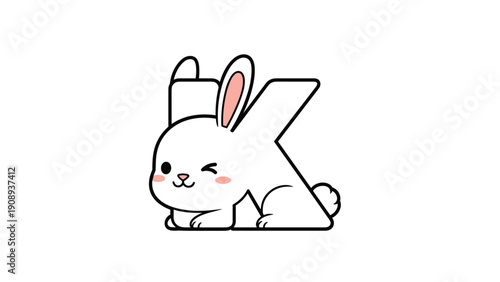Cute white rabbit character winking while sitting down and forming the shape of the letter k on an isolated white background for kids.