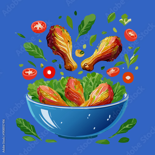 Blue bowl of crispy chicken drumsticks flying with fresh salad ingredients and garden vegetable garnish - Vector Illustration