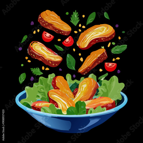 Bowl of fried chicken wings flying with fresh greens tomatoes and herbs in dynamic motion - Vector Illustration