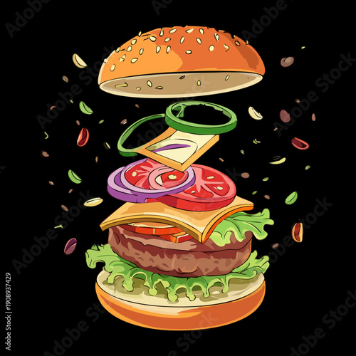 Exploded view of a classic beef burger with flying ingredients against a dark black background - Vector Illustration