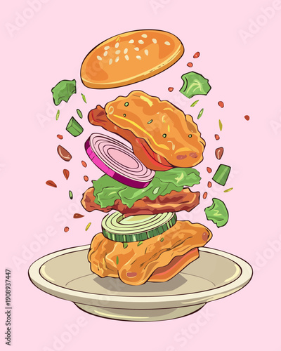 Chicken burger with flying bun lettuce tomato and onion slices on a soft pink backdrop - Vector Illustration