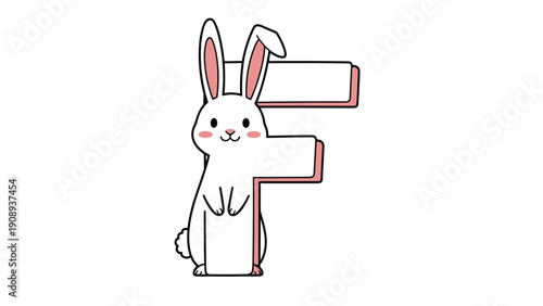 Cheerful white bunny character with pink cheeks standing upright and forming the vertical part of the letter f against a white background.