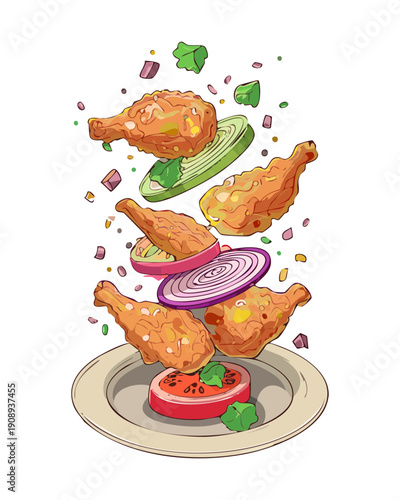 Crispy chicken legs flying in the air with assorted garden vegetables and floating onion rings - Vector Illustration