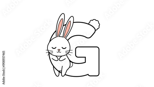 Sleeping white rabbit character curled up peacefully in front of a large letter g on a white background perfect for nursery books.