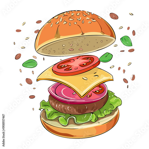 Gourmet burger with flying ingredients including bun meat cheese tomato and onion in dynamic air - Vector Illustration