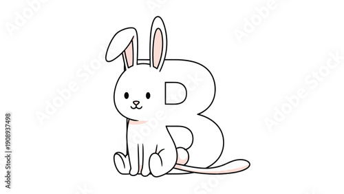 Friendly white bunny character with long ears sitting calmly in front of a large letter b on a clean white background for education art.