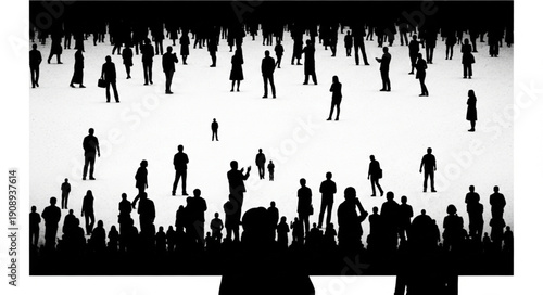 Silhouetted crowd of people standing in a large open space.