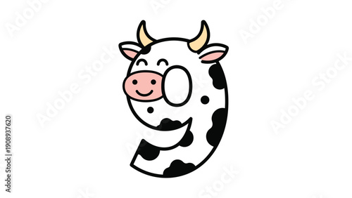Fun cow character with spots horns and a smiling pink snout shaped like the number nine against a white background for kids to learn.