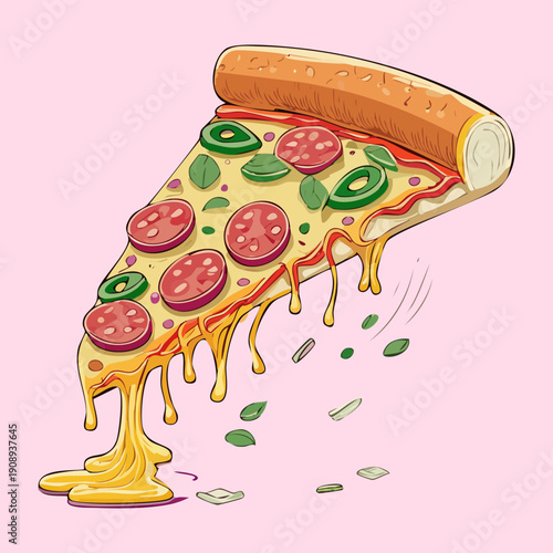 Cheesy pizza slice with thick crust pepperoni and colorful vegetable toppings on soft pink backdrop - Vector Illustration